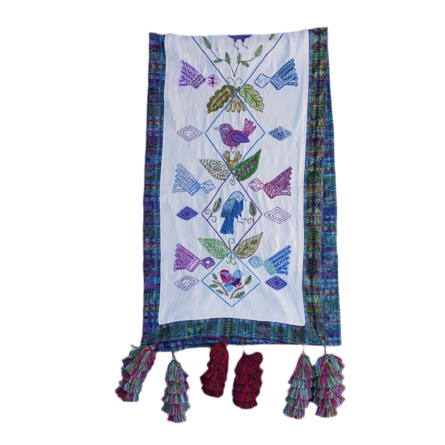 Birds and Geometrics Table runner with pom-poms