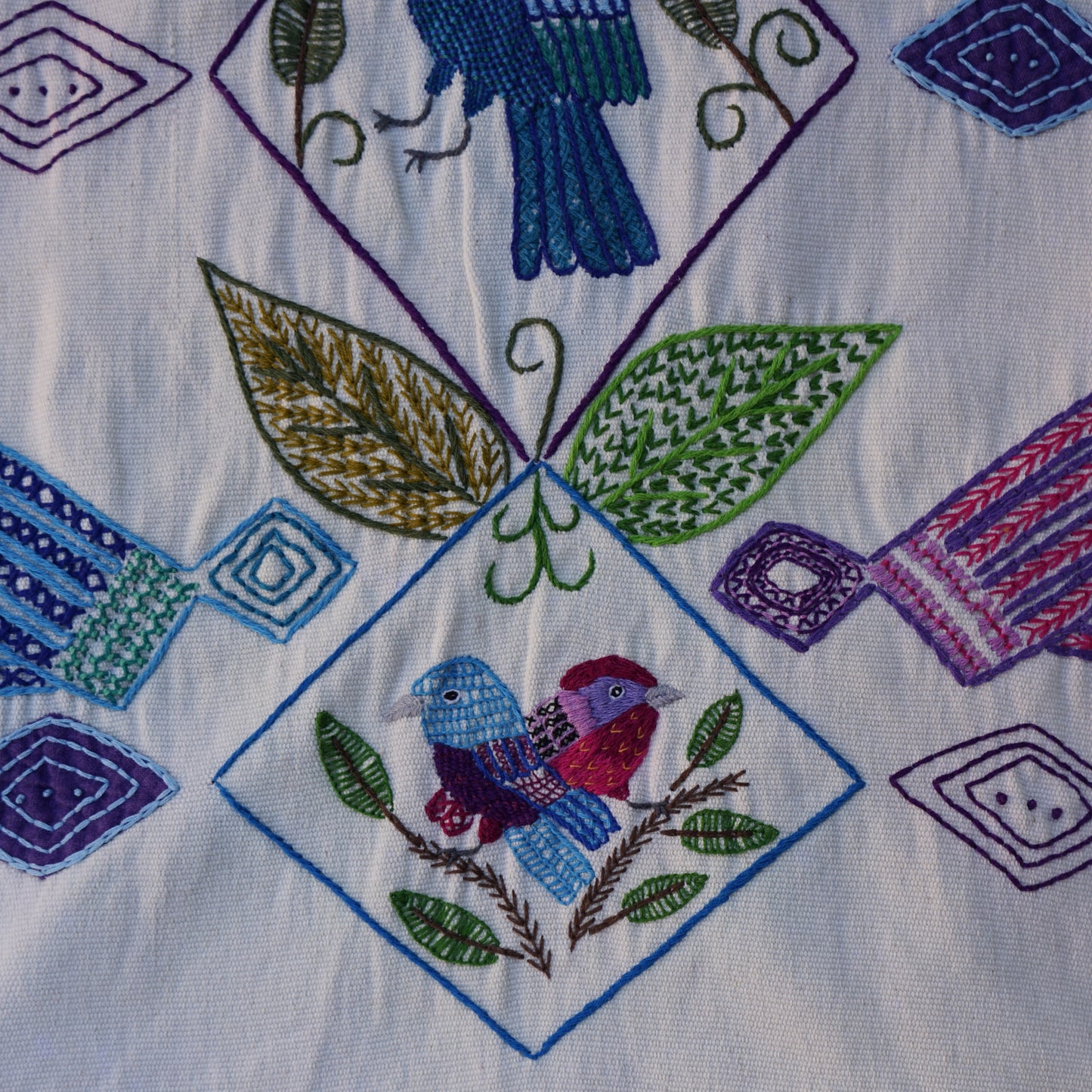 Birds and Geometrics Table runner with pom-poms