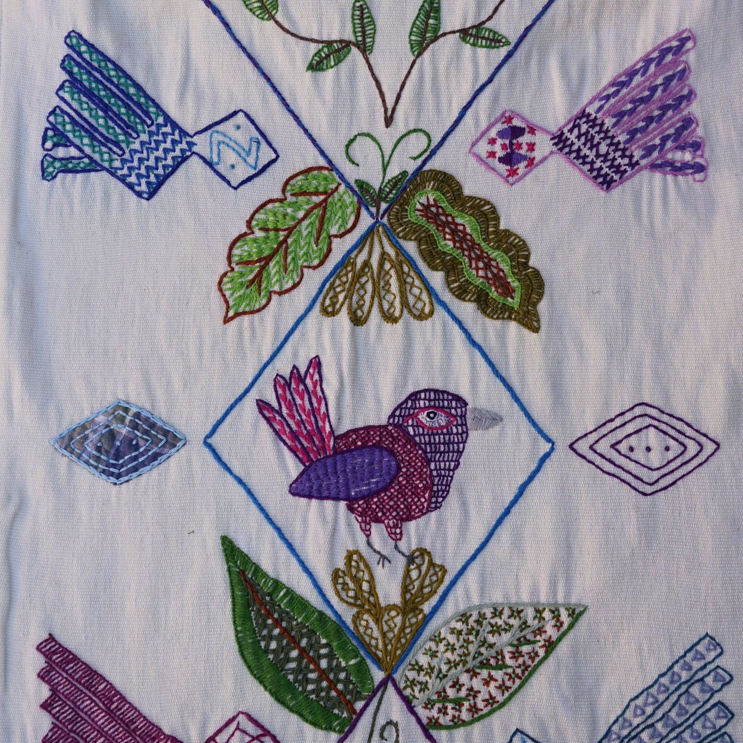 Birds and Geometrics Table runner with pom-poms