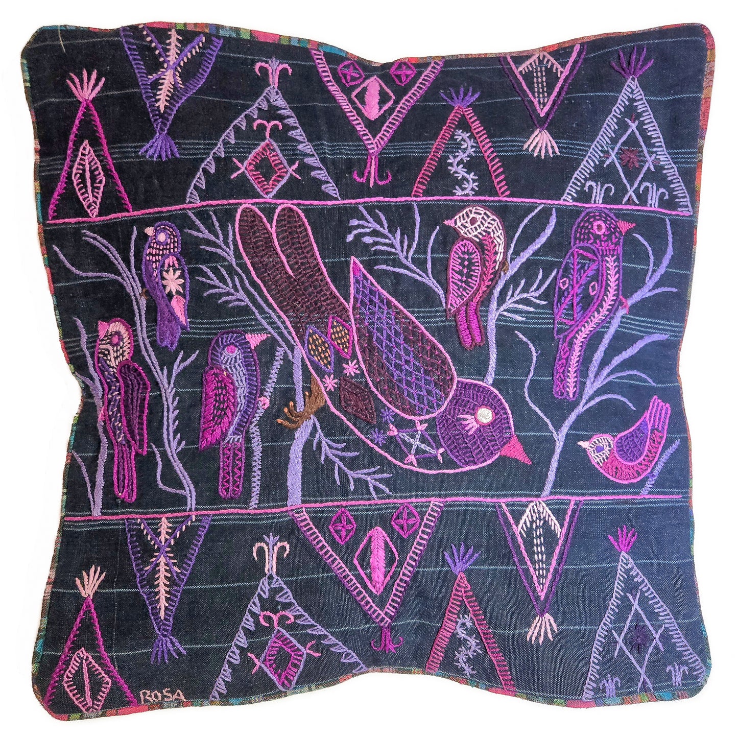 Birds and geometric Embroidered Pillow Cover