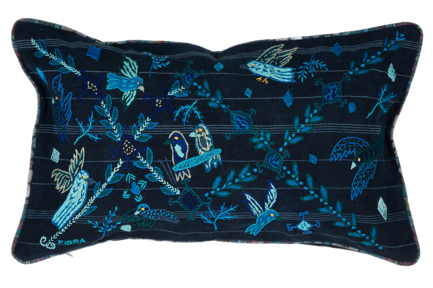 Blue Embroidered Bird Pillow
