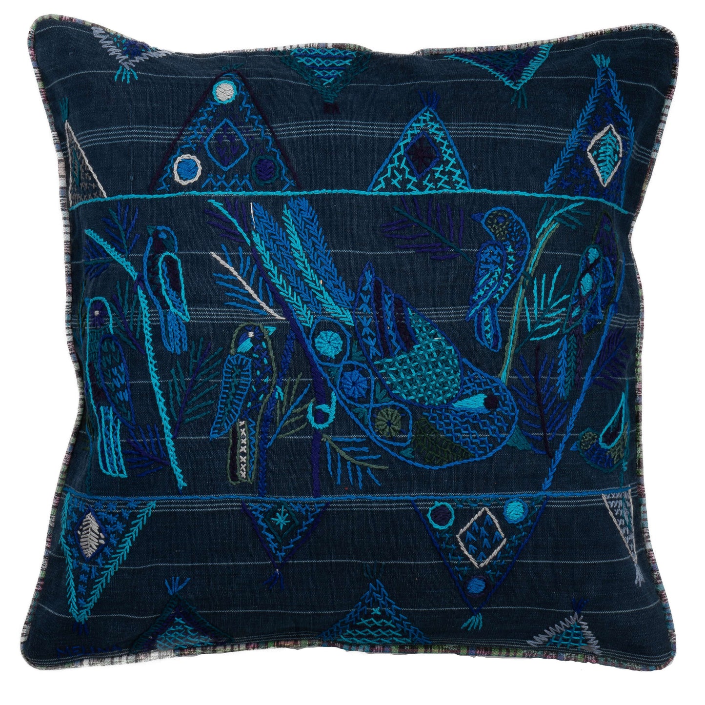 Embroidered Birds and Geometric Pillow