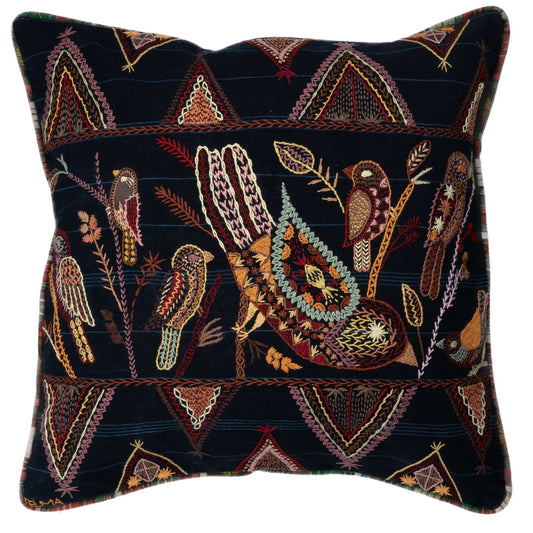 Embroidered Bird and Geometric Pillow