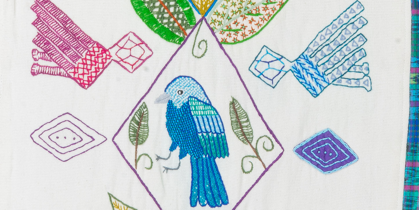 Birds and Geometrics Table runner with pom-poms