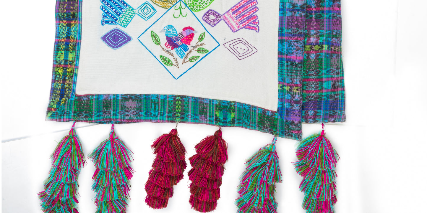 Birds and Geometrics Table runner with pom-poms