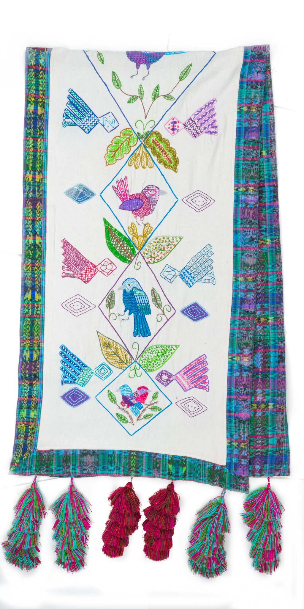 Birds and Geometrics Table runner with pom-poms