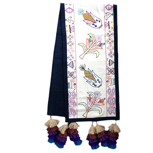 Corn table runner with pom-poms