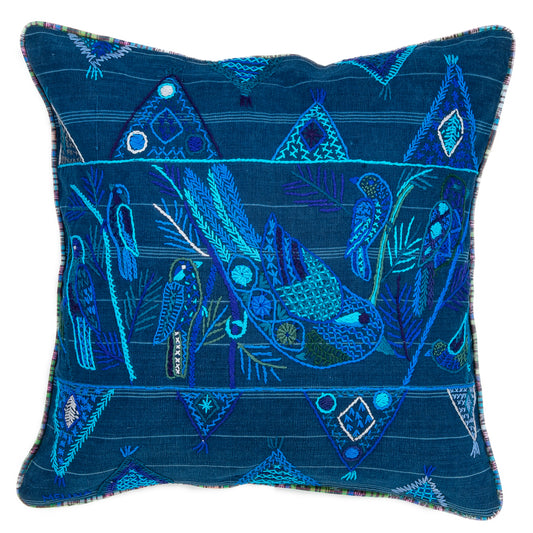 Embroidered Birds and Geometric Pillow