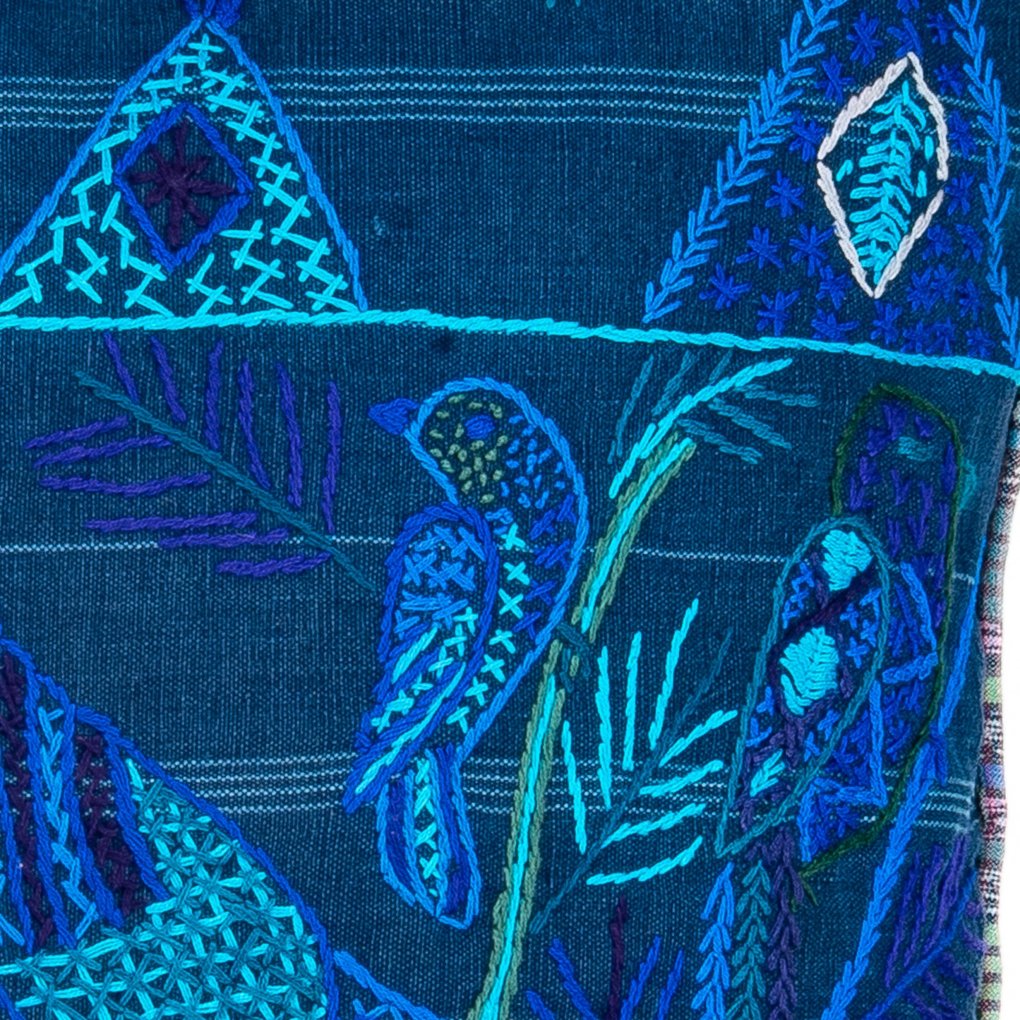 Embroidered Birds and Geometric Pillow