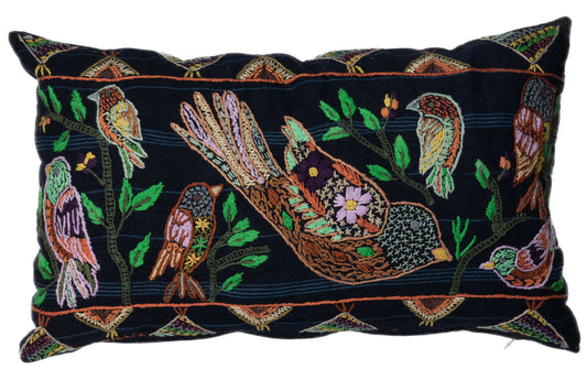 Bird and Leaves Embroidered Pillow