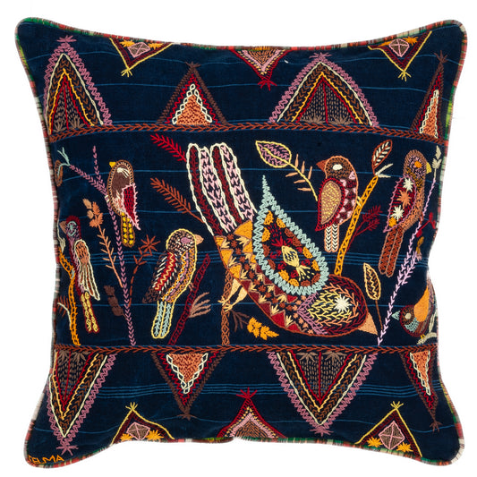 Embroidered Bird and Geometric Pillow