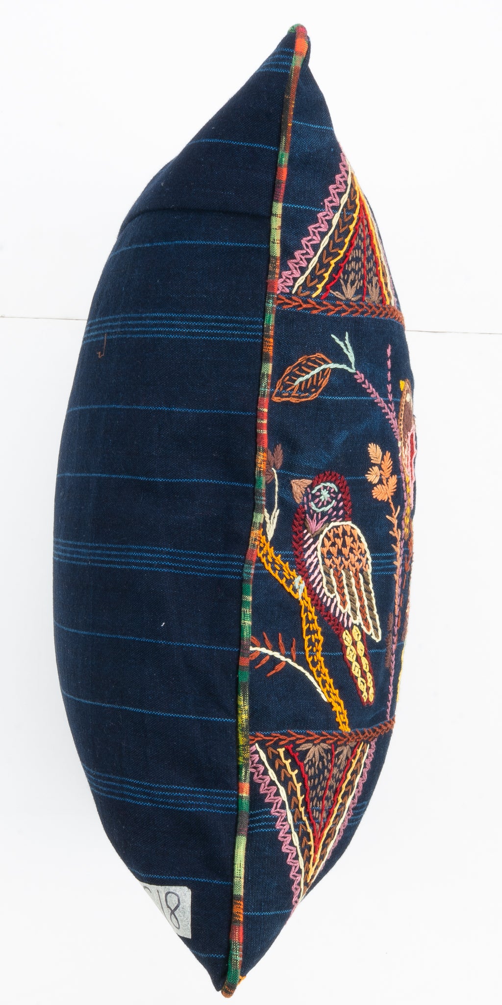 Embroidered Bird and Geometric Pillow