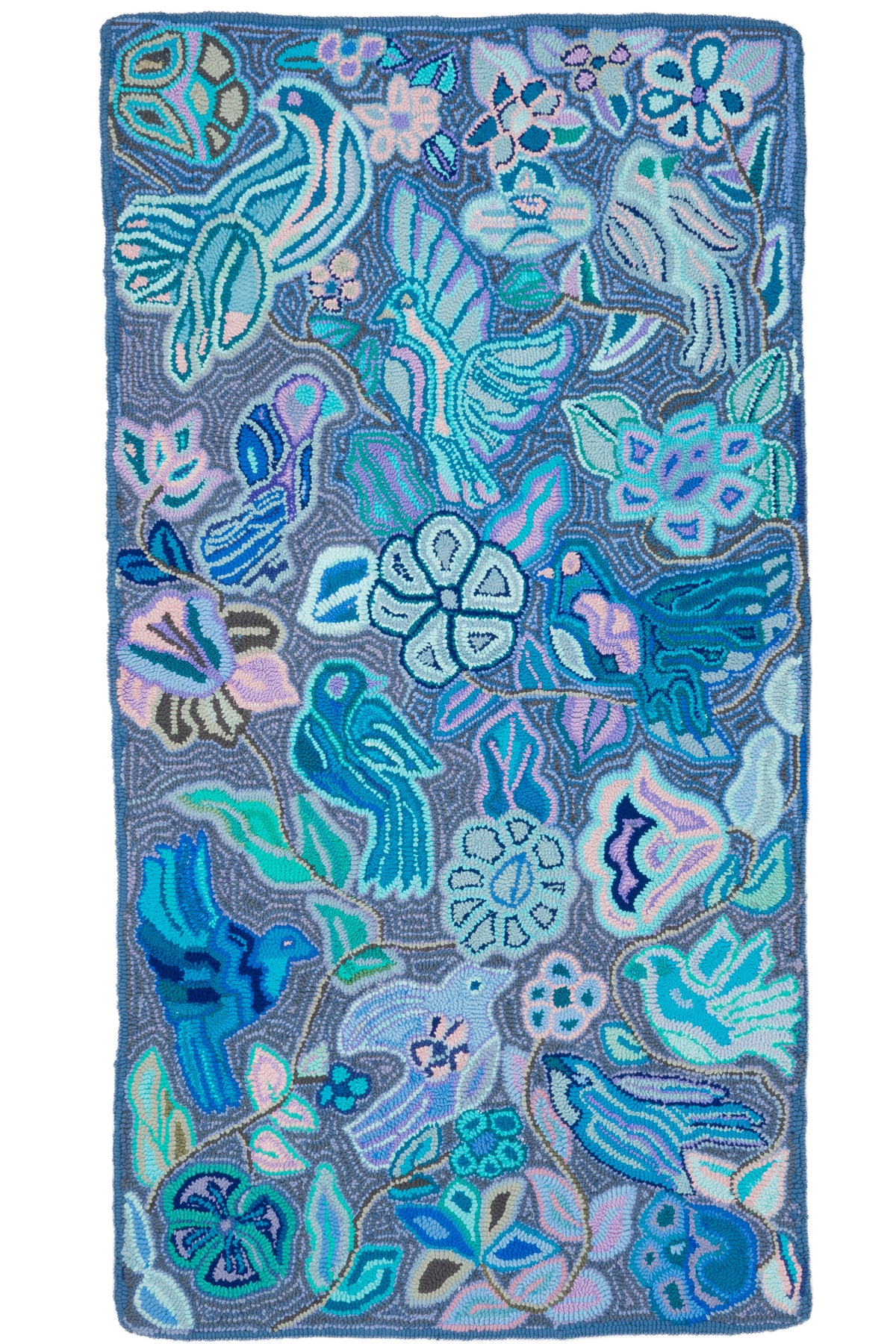 ¨Serene Floral Lagoon Blue and Teal¨ Hand-Hooked Large Rug