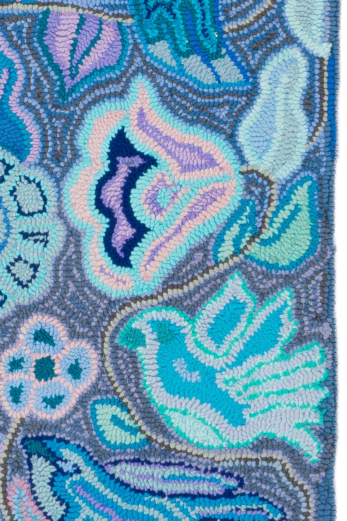 ¨Serene Floral Lagoon Blue and Teal¨ Hand-Hooked Large Rug