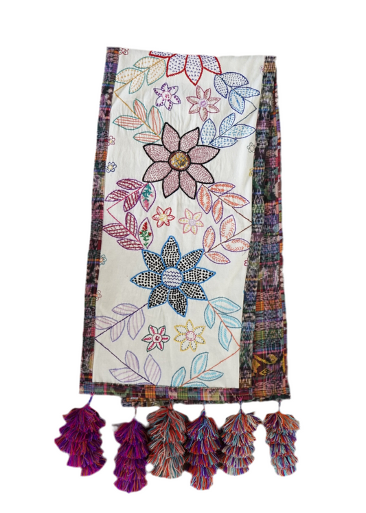 Bold Flower Table Runner with  Pom-poms